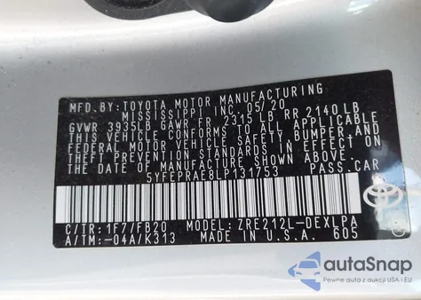 2020 Toyota Corolla Le from USA, damaged, VIN 5YFEPRAE8LP131753